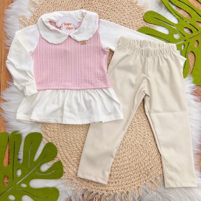 Conj. Blusa Manga Longa com Suéter e Calça Couro Ecológico - Rosa 